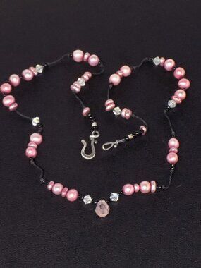 Vintage Signed BB Freshwater Pearl & Crystal Necklace Hand-Formed Sterling Clasp